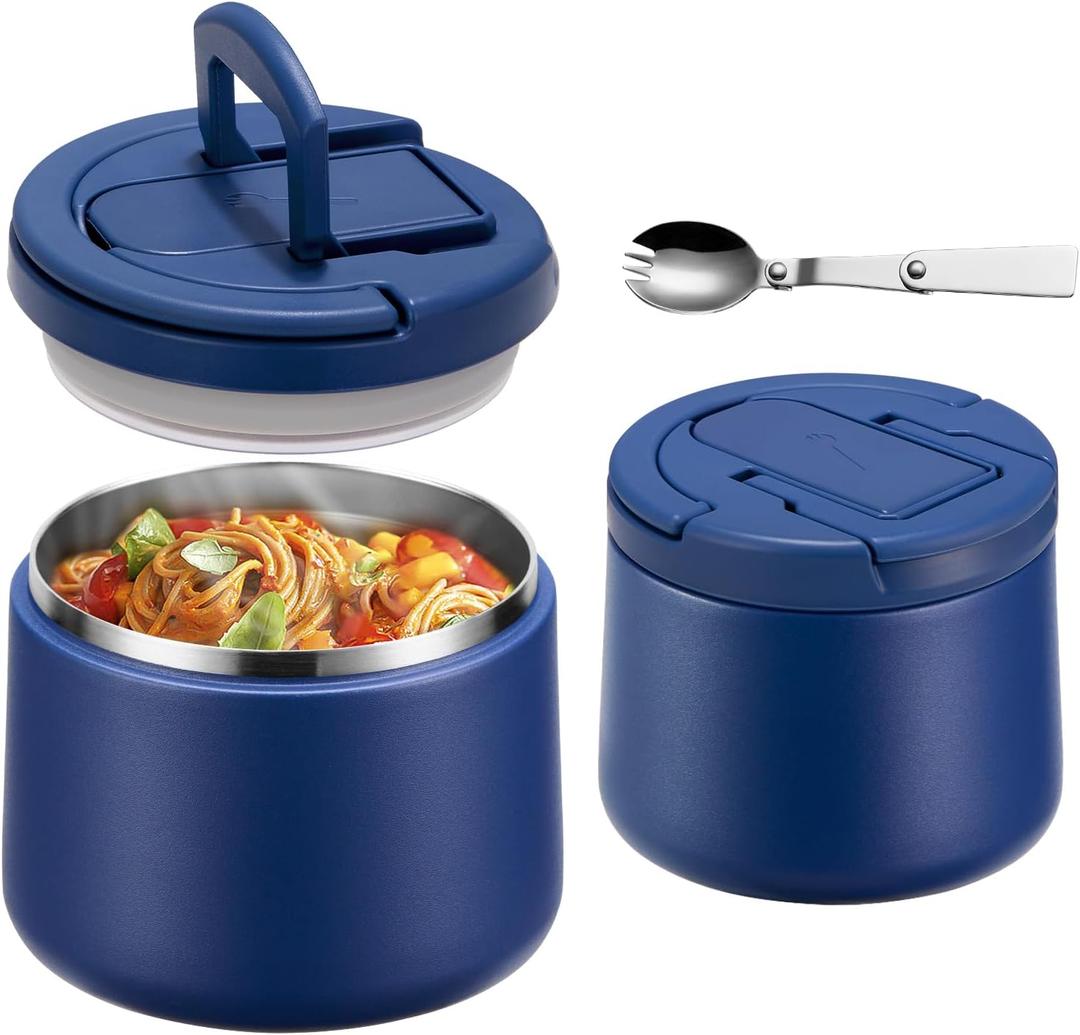 14oz Insulated Vacuum Food Jar with Buckle Lid,Soup Thermo for Hot Food Kids,Wide Mouth Leakproof Stainless Steel Lunch Container with Spoon-Blue