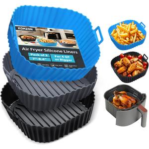 Komzon Silicone Air Fryer Liners Reusable 3 PCS, Airfryer Liners, Silicone Air Fryer Basket Liners Square, Food Grade AirFryer Accessories 4-7 QT, Ktchen Gadgets for Pot Oven Liner Baking Tray Pan (Black+Brown+Blue)
