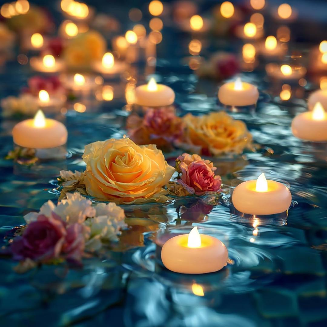 5plots 24 Pack 200 Hour Flameless Floating Candles, 2 Inches White Waterproof Led Tealights for Wedding Vases Centerpieces Party Proposal Pool Decor Decoration