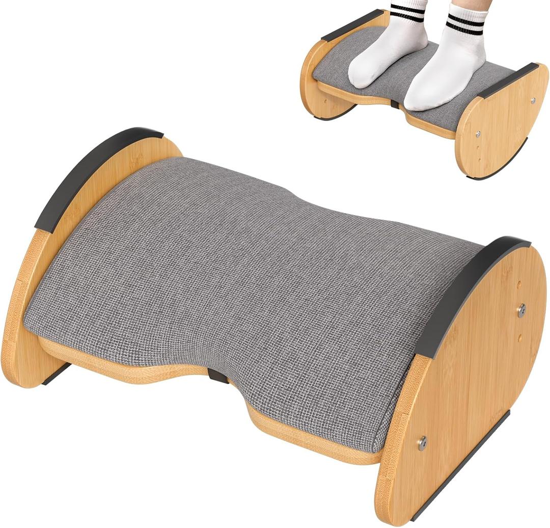 Amazer Bamboo Under Desk Footrest with Cushion 3-in-1, Reversible Ergonomic Wood Rocking Foot Rest for Under Desk at Work, Adjustable Foot Stools with Washable Cover, Desk Leg Rest for Home Office