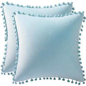 DEZENE Throw Pillow Cases 18x18 Light-Blue: 2 Pack Cozy Soft Pom-poms Velvet Square Decorative Pillow Covers for Farmhouse Home Decor