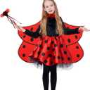 IKALI Girls Ladybug Costume, Halloween Deluxe Animal Fairy Fancy Dress Outfit with Wings (10pcs Set) 7-8 Years