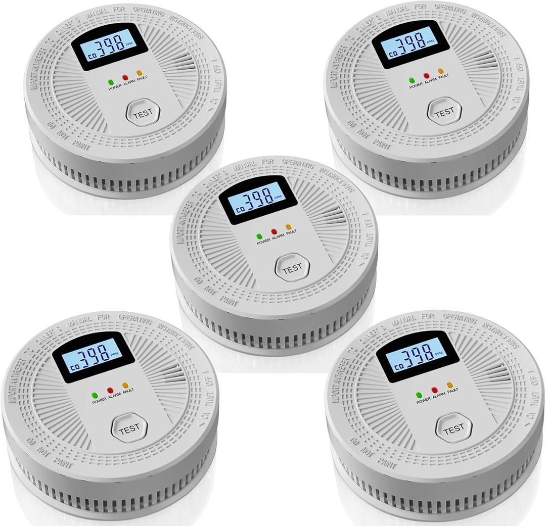 5 Pack Combination Photoelectric Smoke and Carbon Monoxide Alarm Detector with LCD Display; Battery-Operated Smoke Carbon Monoxide Alarm (White)