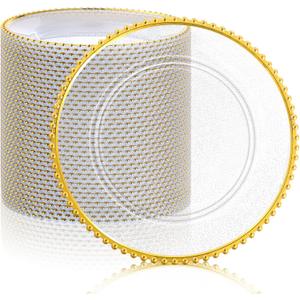 Hoolerry 50 Pack Clear Charger Plates Bulk 13 Inch Plastic Round Beaded Dinner Chargers Acrylic Frosted Grain Decorative Service Plates for Wedding Party Event, Home and Kitchen Tabletop (Gold)