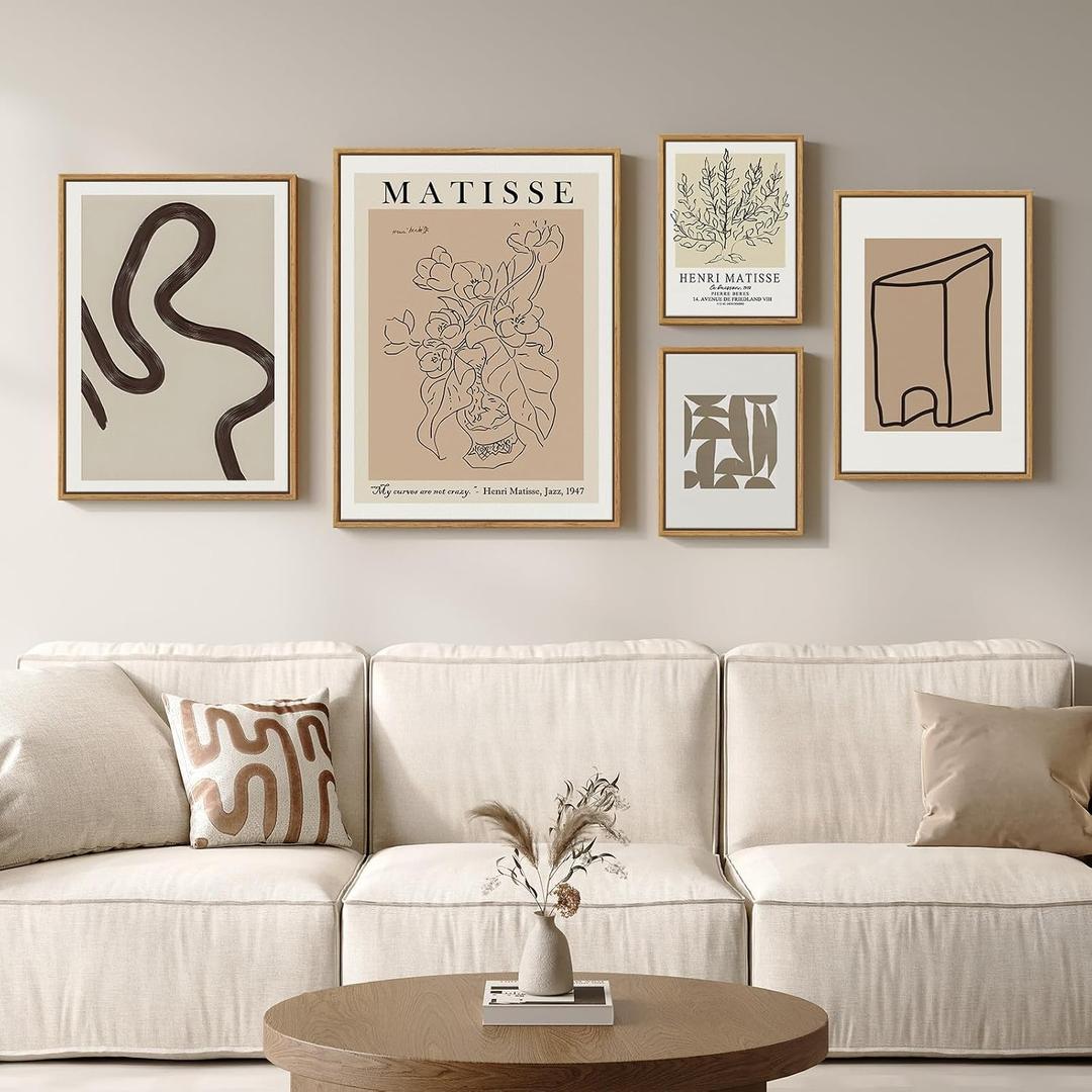 Large Framed Matisse Neutral Wall Art Set of 5, Abstract Beige Modern Minimalist Geometric Floral Canvas Prints for Living Room Bedroom Hallway Home Office