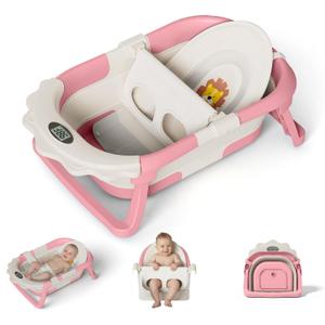 MoreFeel Foldable Baby Bathtub with Thermometer - 4-in-1 Grow-with-Me Collapsible Infant Tub (Newborn to Toddler) with Adjustable Mesh Sling - Space Saving Design