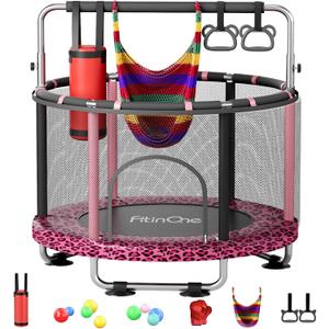 55" Toddler Mini Trampoline for Kids, Indoor Outdoor Toys with Swing, 440lbs Baby Kids Trampoline, Gymnastics Bar, Birthday Gifts for Boy Girl Age 1-8 (Leopard)
