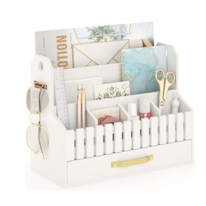 Bamboo Mail Organizer Countertop with Drawers, Wood Desk File Organizer Desktop Paper Organization Storage Bill & Letter Sorter Holder for School Home Office Supplies, No Assembly Required (Black)