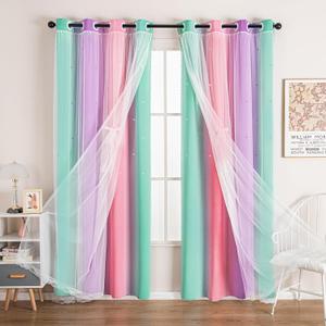 UNISTAR 2 Panels Curtains for Girls Bedroom Kids Living Room Star Blackout Curtains Colorful Double Layer Cut Out Stripe Rainbow Window Curtain,W42 x L63 Inches, Pink Purple Green