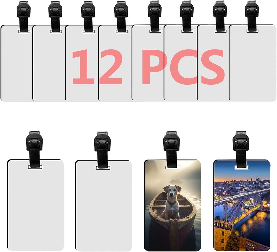 12 pcs Sublimation Luggage tag Blanks White Blank Travel Bag Baggage Tags with Strap Double Sided MDF Suitcase Label Tag with Slots