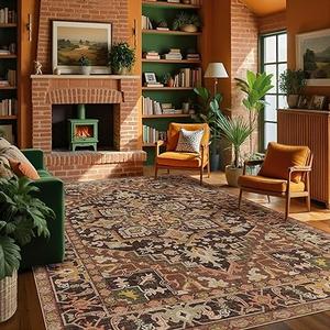 Kokia Washable Area Rugs 8x10 Living Room Boho Non Slip Thin Carpet Stain Resistant Vintage Brown Printed Oriental Distressed Rug for Bedroom Low Pile