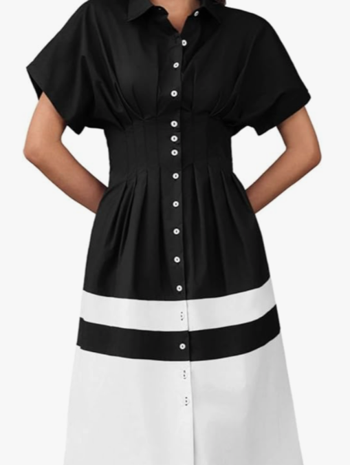 Wenrine Womens Summer Button Down Shirt Dress Casual Color Block V Neck Short Sleeve Corset Maxi Dresses Size S