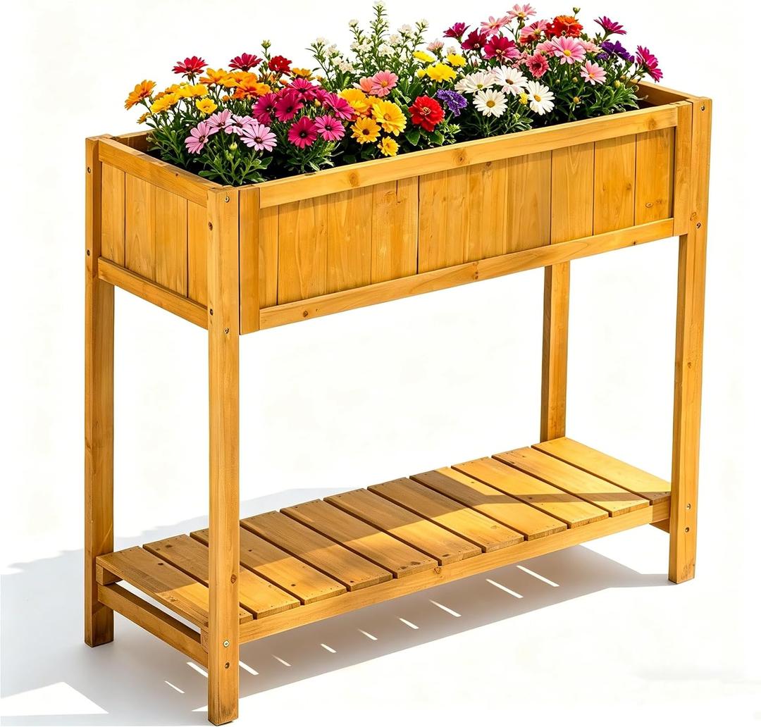 Premium Fir Wooden Raised Garden Bed with Four Legs for Backyard and Balcony Gardening,Suitable for Indoor and Outdoor use,Bottom with Storage Rack,35.04''13''29.92''