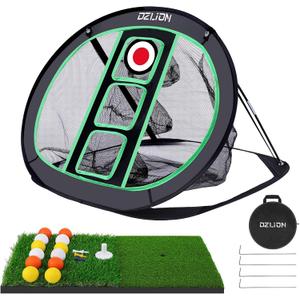 Golf Chipping Net and Mat Set - Pop Up Foldable Indoor Training Target with 2 Hitting Mats and 12 Practice Balls - Gifts for Men, Golfers, Teenage Boys