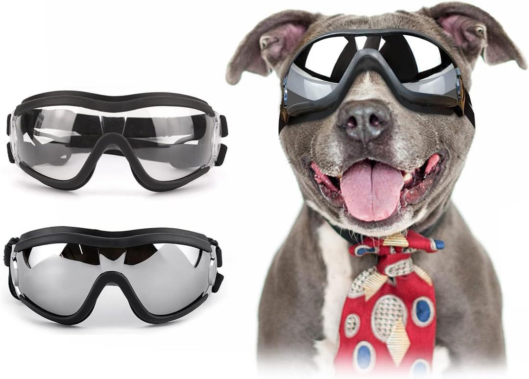 NAMSAN Clear Dog Goggles, and Black Sunglasses for Dogs Medium to Large Breed, 2 Pieces, Windproof Driving Dog Eye Protection, Doggy Glasses with Elastic Straps, Adjustable, Black