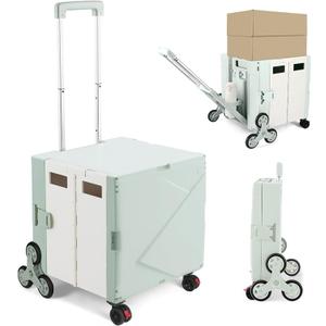 76L Folding Utility Cart Portable Rolling Crate Handcart Shopping Collapsible Tool Box with Stair Climbing Wheels,Hidden Lid,2 Rotate Wheels,for Grocery,Shopping,Office,Storage(Green White)