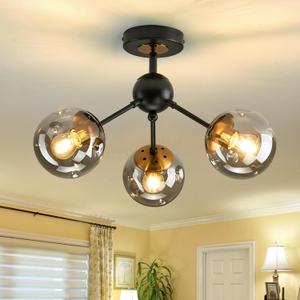 SZXYKEJI 3Light Chandelier ，Vintage Semi Flush Mount Ceiling Light Fixture with Glass Globe， Black Ceiling Light for Hallway Stairway Porch Entryway Kitchen Bedroom Laundry Farmhouse..
