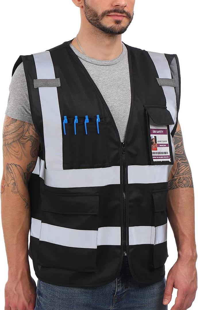 Dib Safety Reflective Vest High Visibility with Pockets and Zipper, Black L
