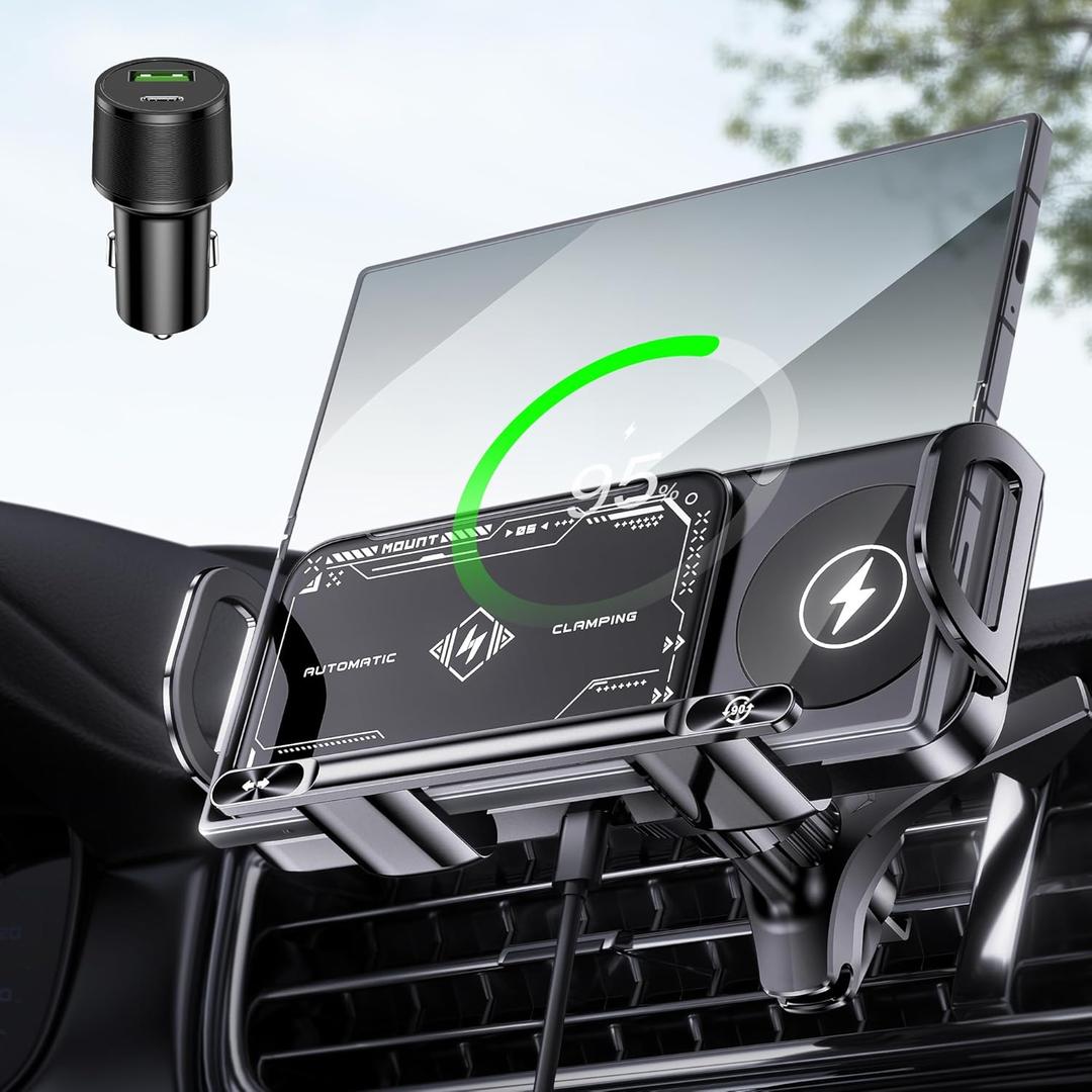 Wireless Car Charger Mount, Auto-Clamping 15W Dual Coil One-Touch 90 Rotatable Car Phone Holder Wireless Charger for Samsung Galaxy Z Fold 7/6/5/4/3, Z Flip, Galaxy S Series and iPhone