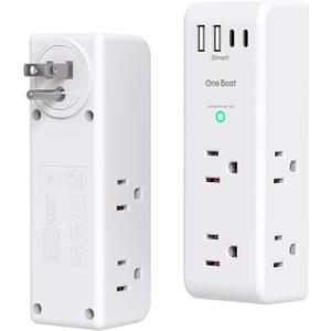 Surge Protector Outlet Extender with Rotating Plug, 6 AC Multi Plug Outlet with 4 USB Ports (3 USB C), 1800 J, 3-Sided Swivel Power Strip with Spaced Outlet Splitter for Dorm Office, White- Pack of 1