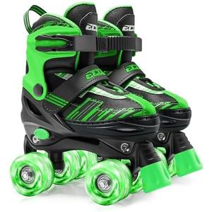 ECOO Roller Skates for Girls Boys Ages 4-12, Toddler Kids 4 Size Adjustable Light up Wheels Beginner Skates (Green, Medium) Big Kids（13j-3 US）