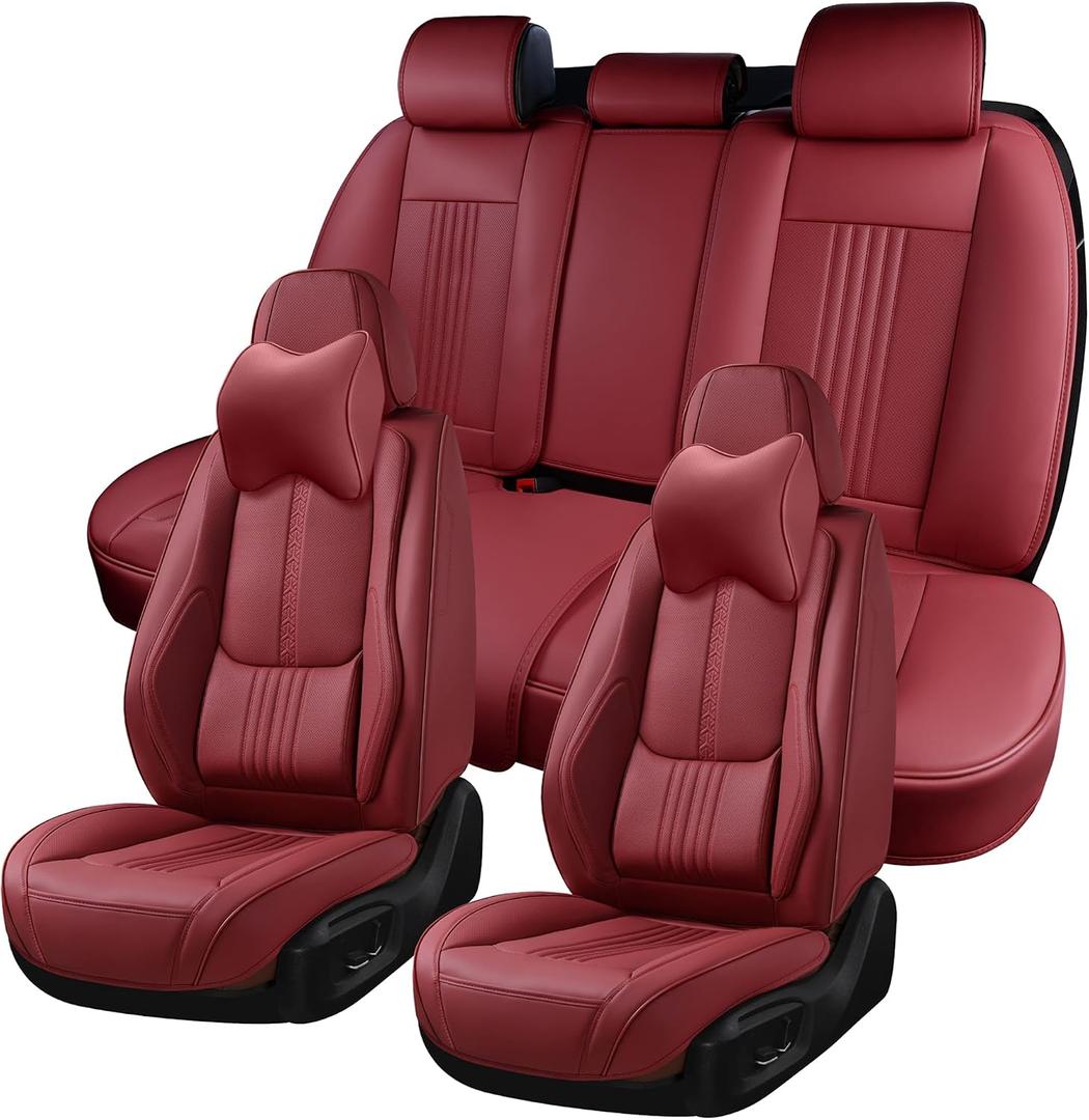 BWTJF Car Seat Covers Full Set, Front and Rear Seat Covers for Cars, Waterproof Leather Auto Seat Protectors with Head Pillow, Car Seat Cushions Fit for Most Sedans SUV Pick-up Truck, Wine Red