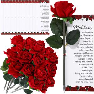 Sayglossy 12 Sets Rose Pen Mother's Day Gifts Artificial Red Flower Ballpoint Pens with Inspirational Praise Card Rose Party Favor Church Gifts for Mom Friend Pastor's Wife
