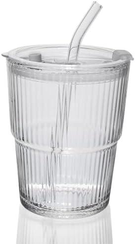 QWEZXO 13OZ/400ML Ice Coffee Glass Tumbler, Thick Wall Water Glass Cup Mug Tea  and Lid Sealed Carry On （Clear）