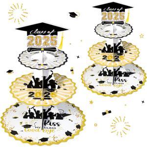 Set of 2 Graduation Cupcake Stand for 50 Cupcakes Black Gold Graduation Cap Decorations Cardboard Cake Dessert Holder Tower for Class of 2025 Congrats Grad Party Supplies