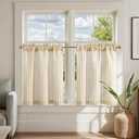 jinchan Linen Kitchen Curtains Striped Tier Curtain Ticking Stripe Pinstripe Cafe Curtains 24 Inch Length for Living Room Bathroom Farmhouse Rustic Curtain Rod Pocket 2 Panels Beige