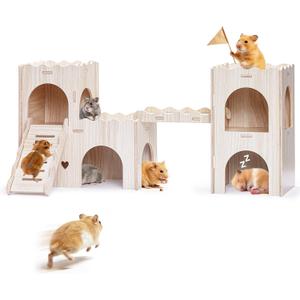 Large Hamster Hideout, Wooden Hamster Houses and Hideouts, Double-Decker Hamster Hut Castle, Dwarf Gerbils Habitat House with Climbing Ladder, Multi Chamber Syrian Hamsters Hides
