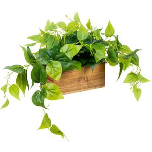 MyGift Vibrant Lifelike Artificial Plant Pothos Leafy Vine Greenery in Natural Solid Acacia Wood Rectangular Planter Box