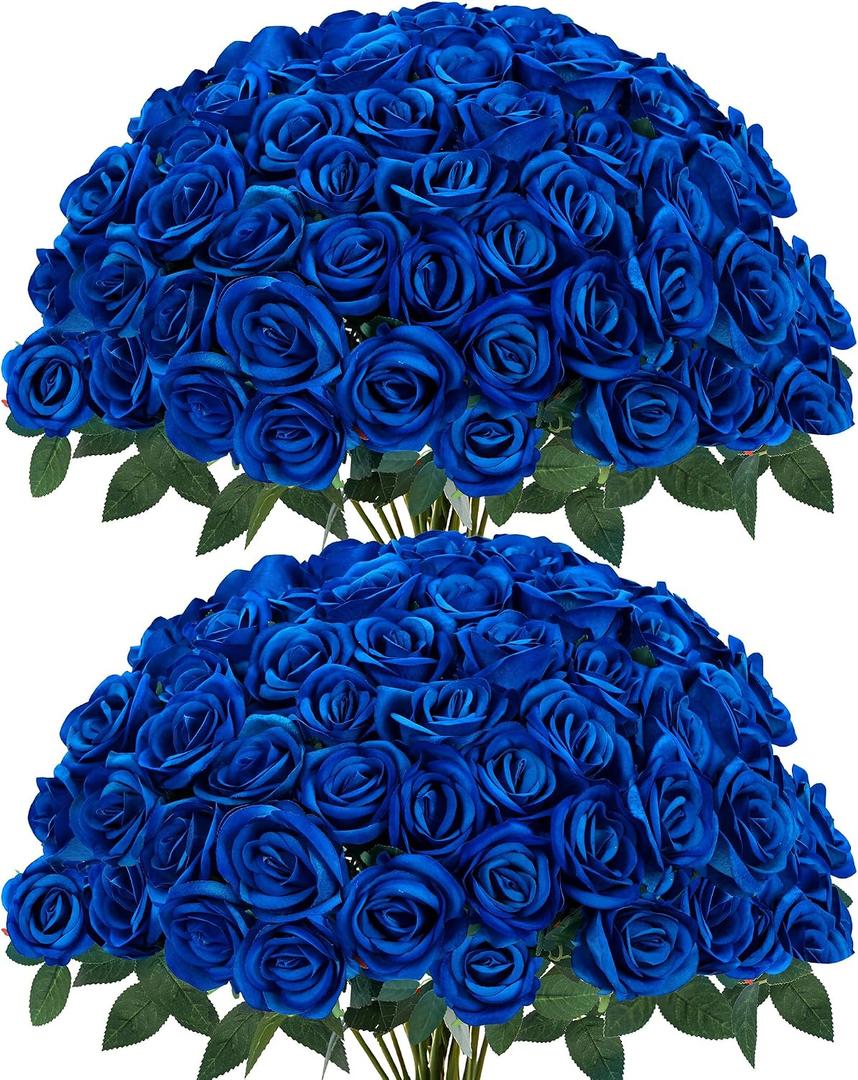 Sggvecsy 50 Pcs Artificial Roses Fake Flowers Velvet Silk Roses with Stems Bulk Realistic Faux Flowers for Bridal Bouquets Wedding Centerpieces Valentines Day DIY Home Party Decor (Blue)