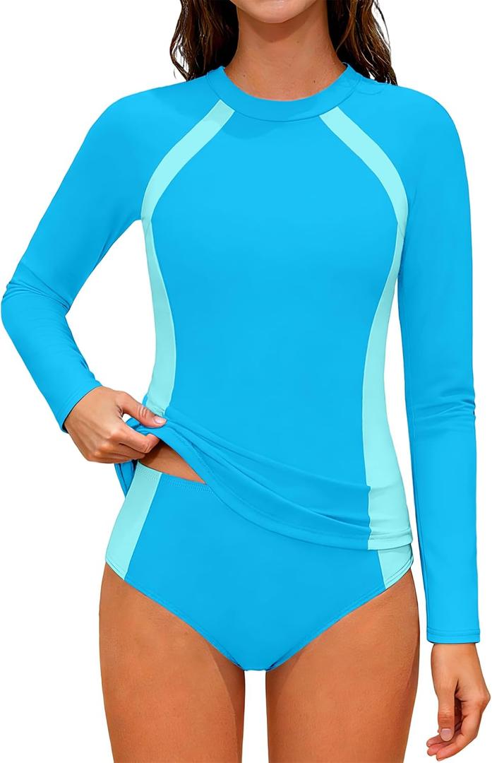 Girls Rash Guard Swimsuit Long Sleeve Swimsuit Color Block Two Piece Bathing Suit for Girls UPF 50+ Padded Swimwear, 11-12Y