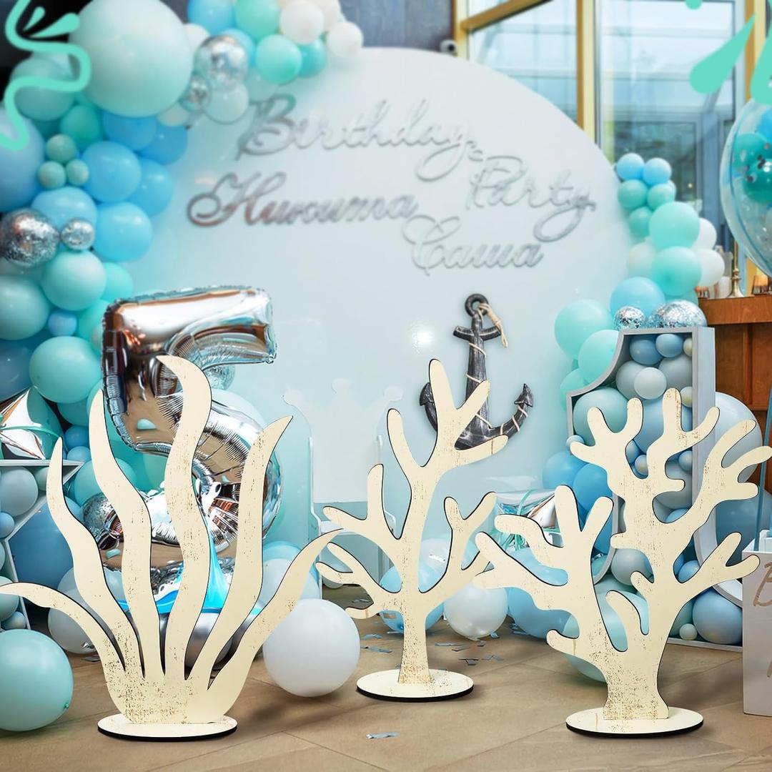 Reallnaive 3 Pcs Wooden Coral Decoration Mermaid Coral Reef Decor Under The Sea Baby Shower Party Decoration DIY Wooden Party Center Decoration Mermaid Birthday Party Supplies