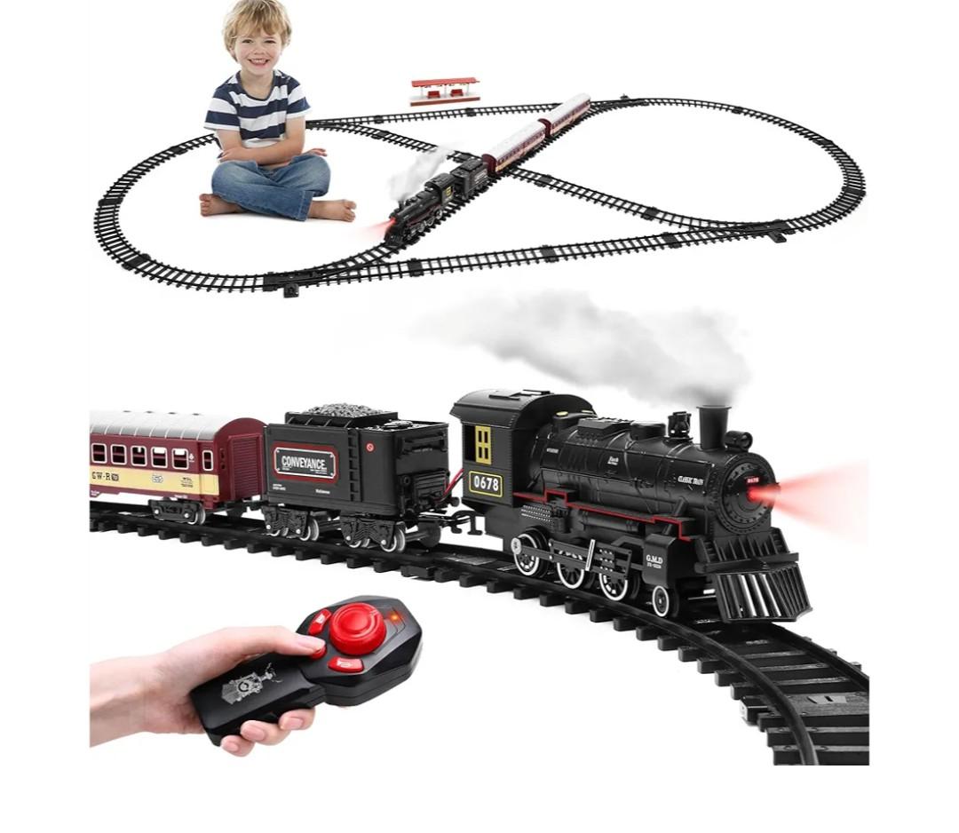 Train Set for Kids,Remote Control Locomotive Engine Under Christmas Tree,Electric Model Train W/Carriages and Long Tracks,Train Toy Gift for Boys Girls Age 412