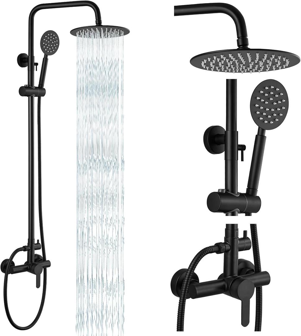 gotonovo SUS304 Outdoor Shower Fixtures High Pressure Rainfall Shower System Combo Wall Mount 2 Dual Function 8 Inch Shower Head and Round Handheld Spray Single Handle Shower Faucet Set Matte Black