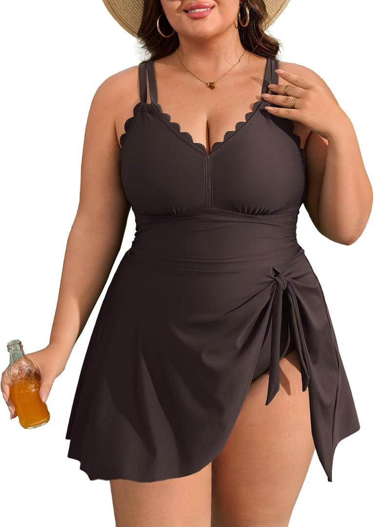 Charmo Plus Size Swimsuit for Women Swim Dress Scalloped One Piece Tummy Control Bathing Suit Ruched Swim Suits 2026 (1X, Brown)