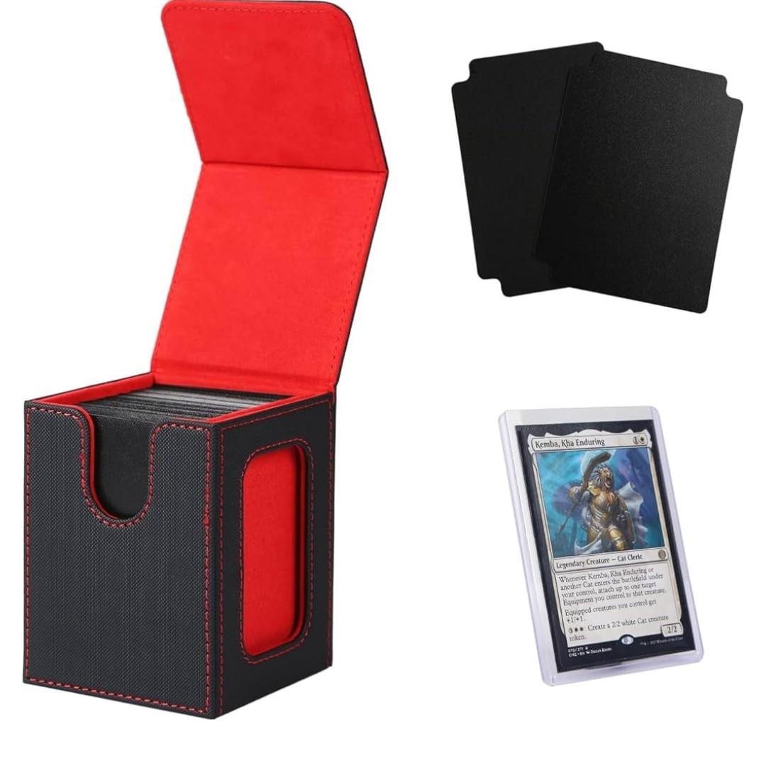Venssu MTG Deck Box for Commander Display,Card Deck Box Fits 100 Double Sleeved Cards, TCG Card Storage with 2 Dividers and 1 Toploader (Black＆Red