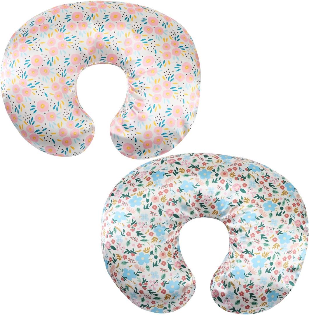 Satin Nursing Pillow Cover Set 2 Pack Ultra Soft Silk Compatible with Boppy Pillow for Breastfeeding Pillow Protect for Baby Hair and Skin Floral & Floral