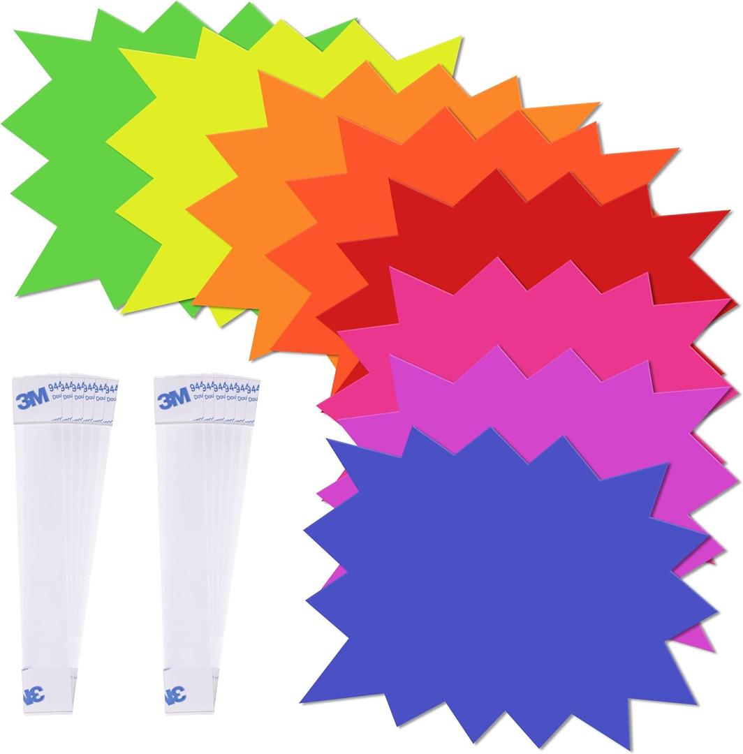 120 Pieces Starburst Signs for Retail, 5*6.6 Inch Fluorescent Garage Sale Stickers, Multicolor Sale Signs for Retail Store, Garage Sale Supplies, including 80 Pcs Yard Sale Stickers with 40 PVC Sticky Transparent Strip