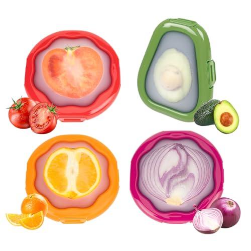 TQRR Set of 4 Reusable Silicone Food Storage Containers For Fridge - Fruit and Vegetable Storage, Avocado Saver, Ideal for Apple, Onion, Tomatoes, Lemons, Orange and Potatoes