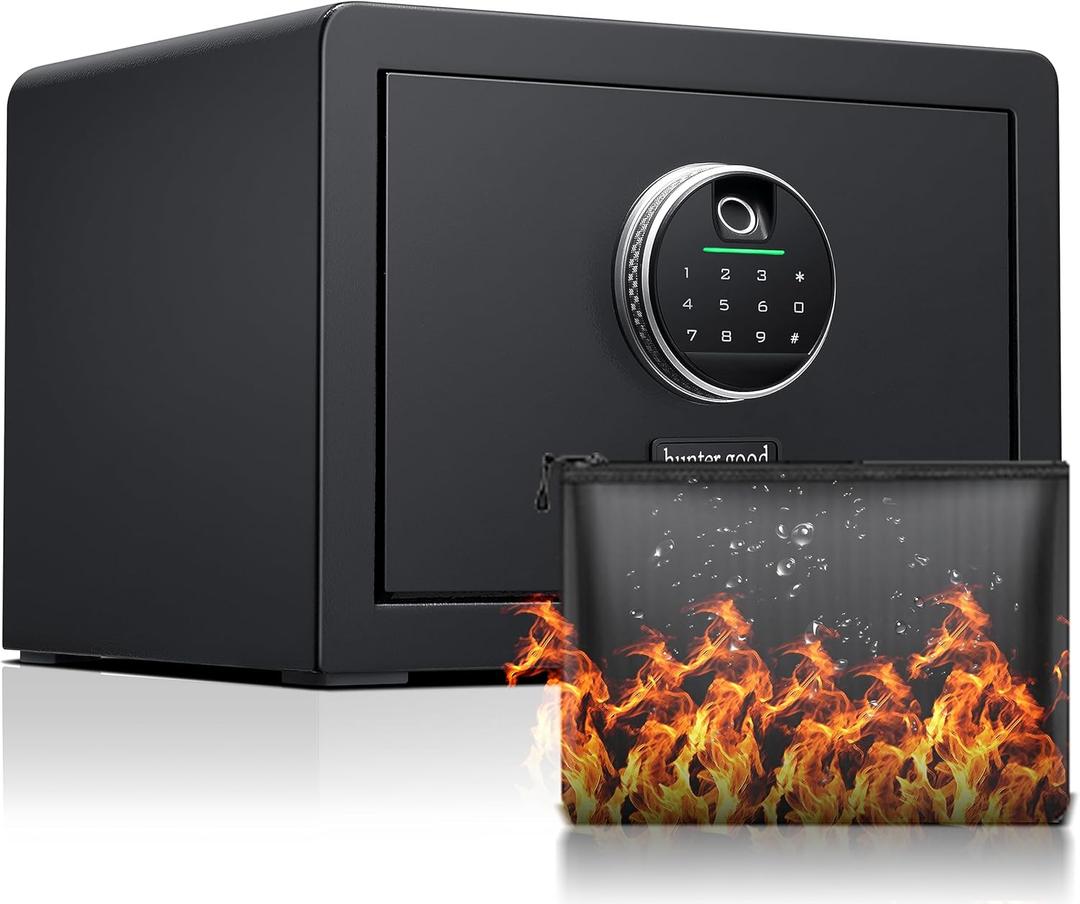1.0 Cubic Feet Fingerprint Fireproof Home Safe With Fireproof Document Bag, Digital Security Safe With Removable Shelf Secure Cash, Jewelry and Valuables. (With fireproof bag, 9.8H X 13.8W X 11D)