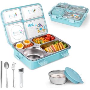 Stainless Steel Adult Lunch Box, 28.7oz 4-Compartment Cute Bento Box Kids Snack Containers with 5oz Soup/Condiment Cup, Food Storage Containers With Utensils and Small Cleaning Brush Set - Blue