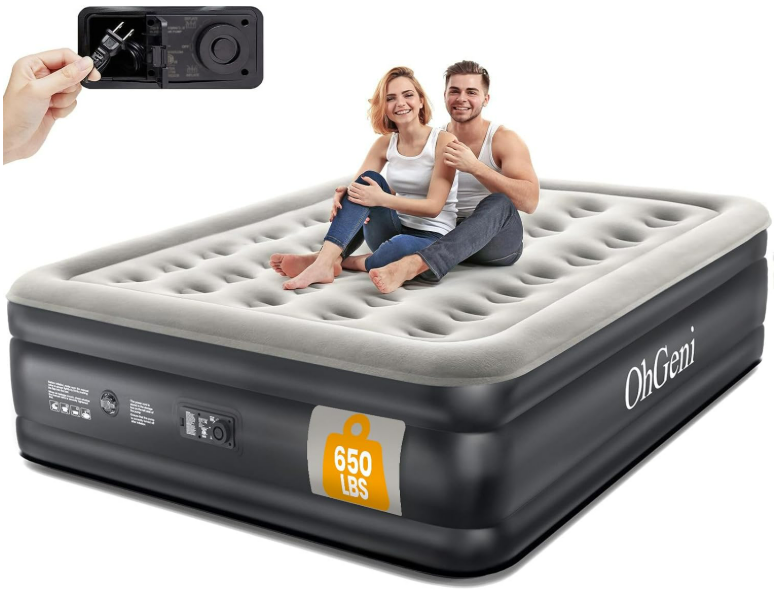 OhGeni Queen Air Mattress with Built in Pump, Inflatable Blow Up Mattress 18 Raised Comfort,Upgraded Surface Portable Mattress, Air Bed for Camping, Home and Guest, Colchone Inflable, 650 lbs Max