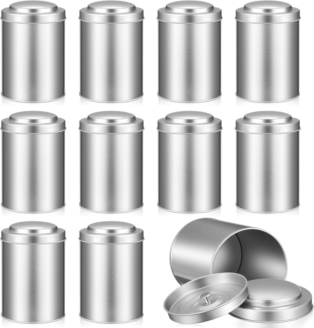 Meanplan 12 Pcs Tea Tin Canister with Airtight Double Lids Round Tin Can Box Small Kitchen Tea Canister Loose Leaf Storage Containers for Loose Bags Coffee Sugar Candy Spices(Silver,16 oz)