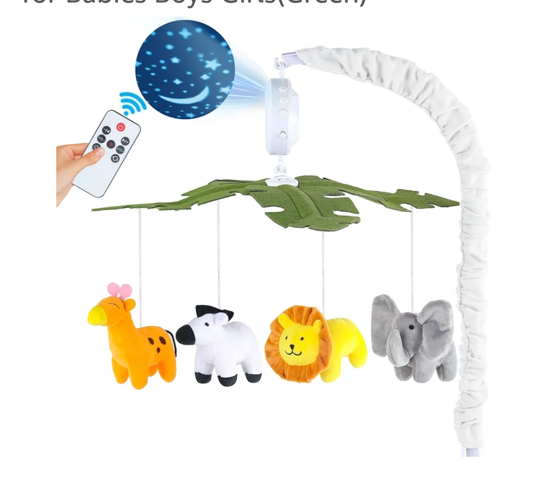 Baby Crib Mobile with Music and Lights, Mobile for Crib with Remote Control, Rotation, Starlight Projection, Crib Toys for Babies Boys Girls(Green)