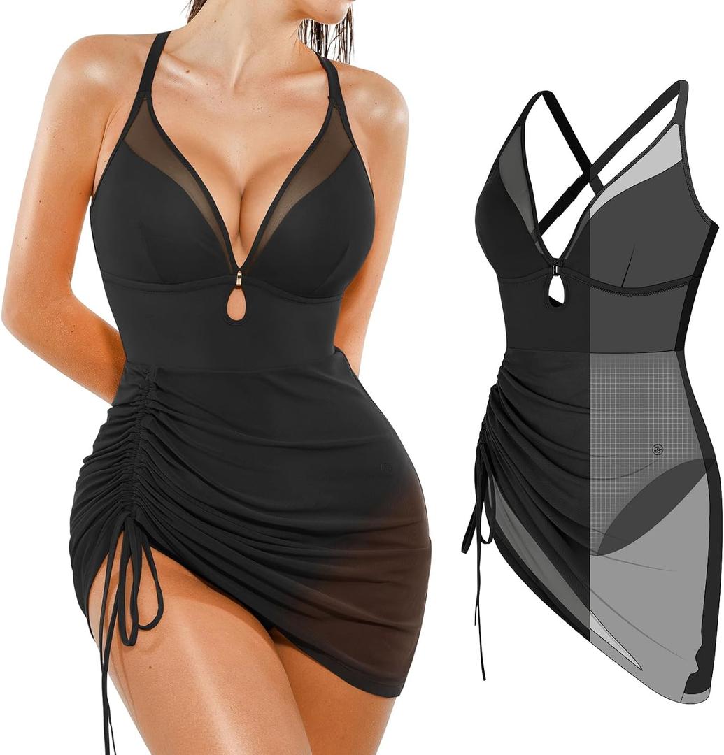 Popilush Swim Dress for Women One Piece Swimsuits Tummy Control Slimming Mesh Sheer Sarong Wraps Bathing Suits (S)