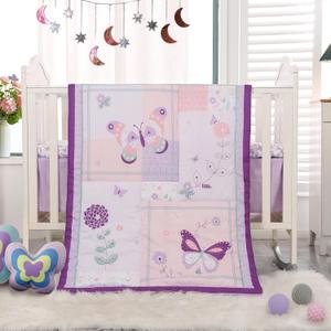 Crib Bedding Set for Girls, 3 Pieces Floral Butterfly Baby Girl Bedding Set, Include Crib Comforter Fitted Sheet and Crib Skirt, Standard Size Nursery Crib Set for Girls, Purple