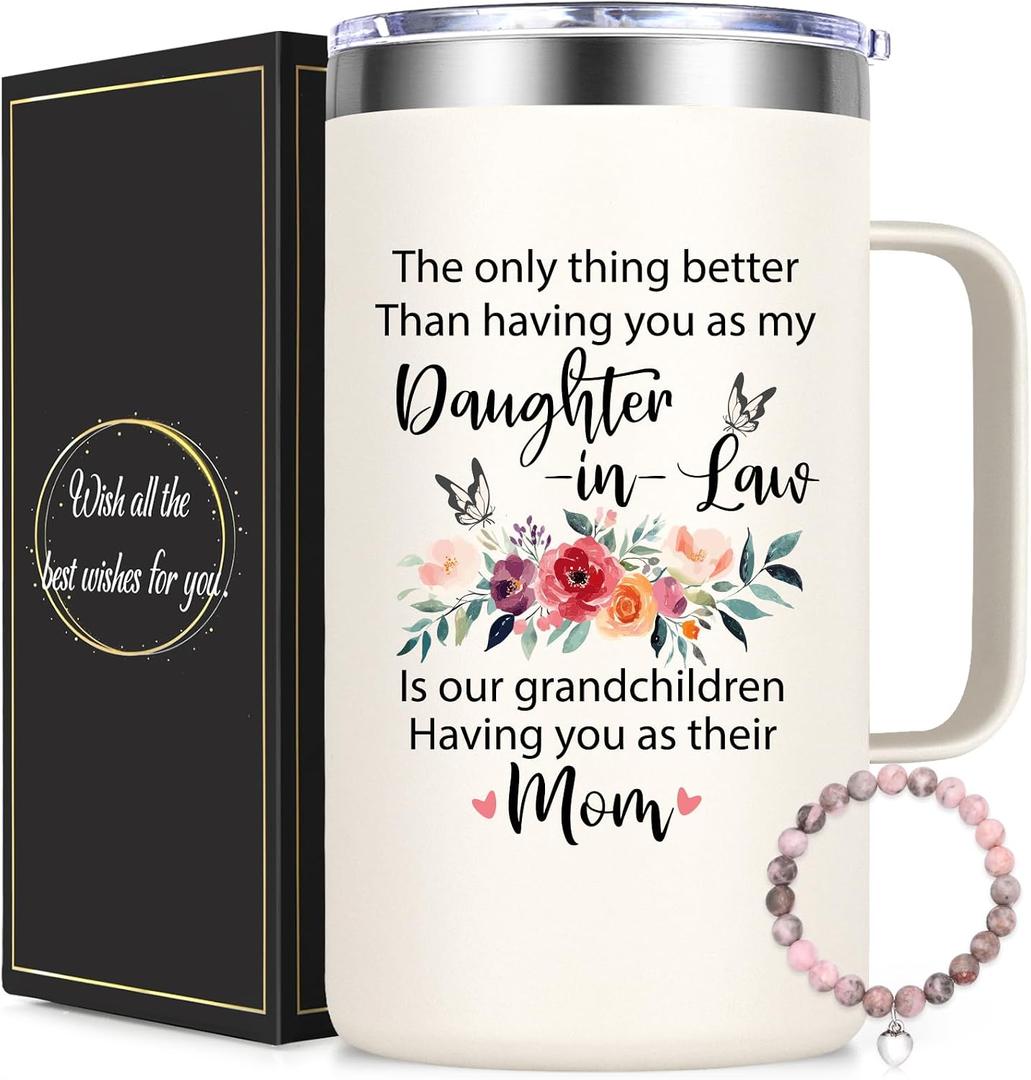 Lifecapido Daughter in Law Mothers Day Gifts, 20oz Insulated Coffee Mug with Bracelet, Birthday Christmas Mothers Day Gifts for Daughter in Law, Creamy